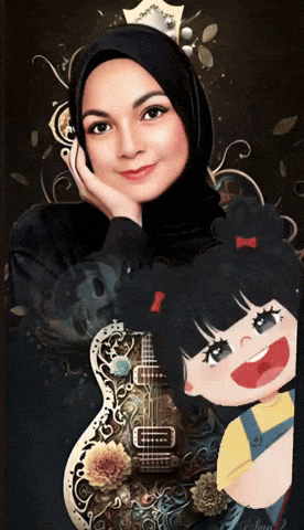 a woman in a hijab is standing next to a guitar and a doll