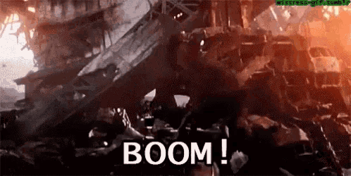 a group of people are standing in front of a destroyed building with the word boom written on the bottom