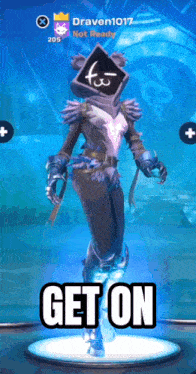 a screenshot of a video game character that says get on on the bottom