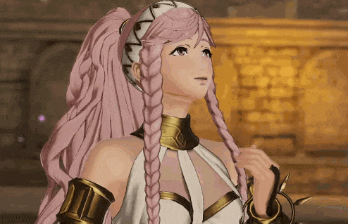 a video game character with pink hair and braids looks up