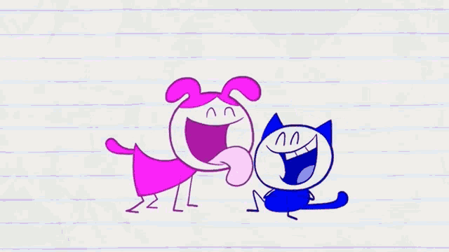 a pink dog and a blue cat are laughing together