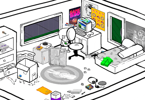 a drawing of a room with a poster that says game bad