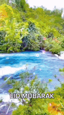 a painting of a river with the words " eid mubarak " below it