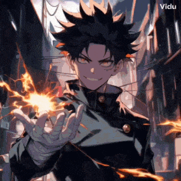 a black haired anime character with red eyes is holding a fireball in his hand .