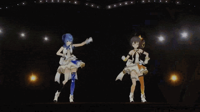 two anime girls are dancing in a circle on stage