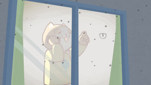 a cartoon cat is looking out a window