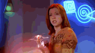 a pixelated image of a woman standing in front of a neon sign with a swirl