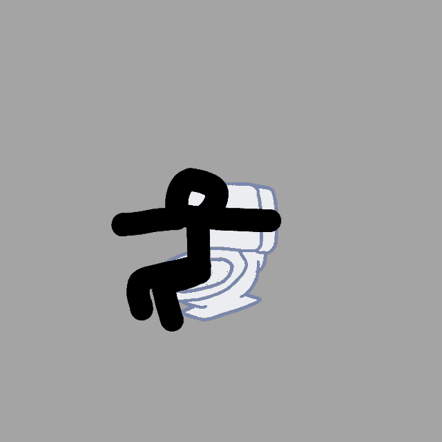 a stick figure is sitting on a toilet with a gray background