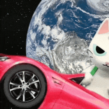a cartoon cat is driving a red car in space