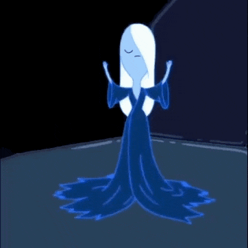 a cartoon of a woman standing next to a giant blue ghost