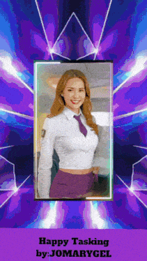 a picture of a woman with the words happy tasking by jomarygel at the bottom