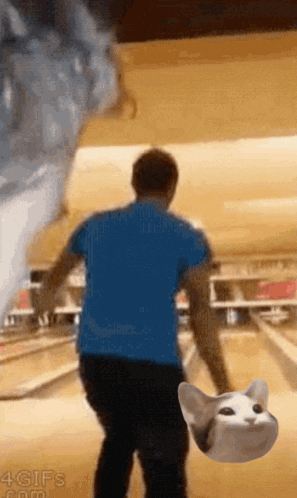 a man in a blue shirt is walking down a bowling alley with a cat in the background .