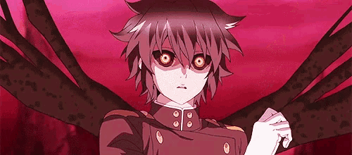 a cartoon character with red eyes is standing in front of a tree
