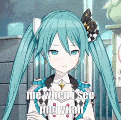 a girl with long blue hair is standing in front of a fence and says me when i see jing yuan