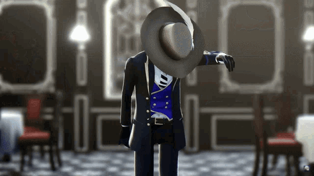 a man in a suit and hat is standing in a dark room