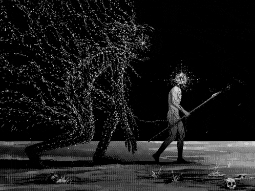 a black and white drawing of a man holding a spear standing next to a large monster .