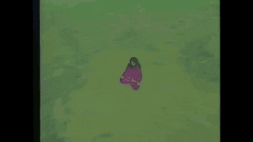 a cartoon of jesus sitting in a lotus position in a field with mountains in the background