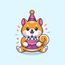 a shiba inu dog wearing a party hat is holding a pink birthday cake .