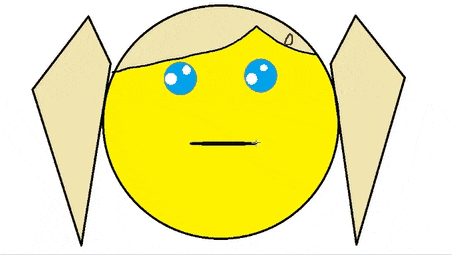 a cartoon drawing of a surprised smiley face with blonde hair and blue eyes