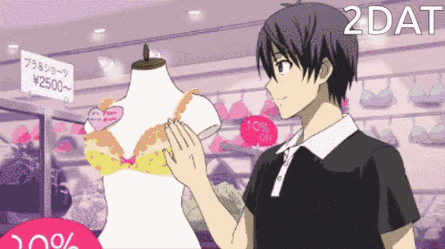a man in a black shirt is looking at a bra on a mannequin in front of a sign that says " 10 % off "