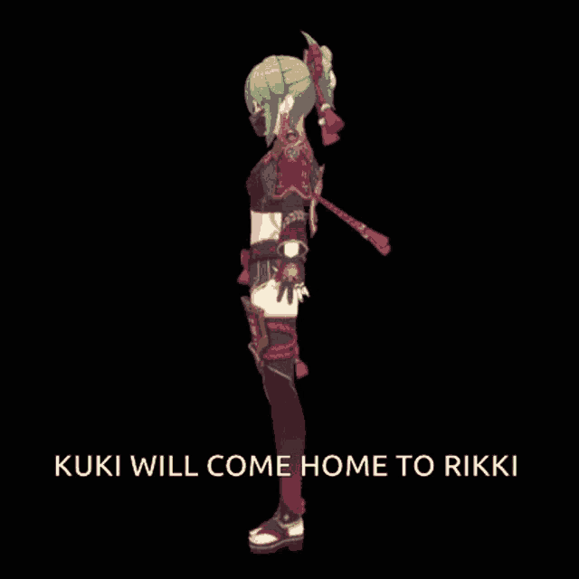 a cartoon of a girl with the words kuki will come home to  rikki on the bottom
