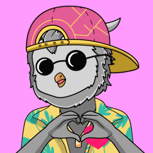 a cartoon of a bird wearing a hat and sunglasses making a heart shape with its hands