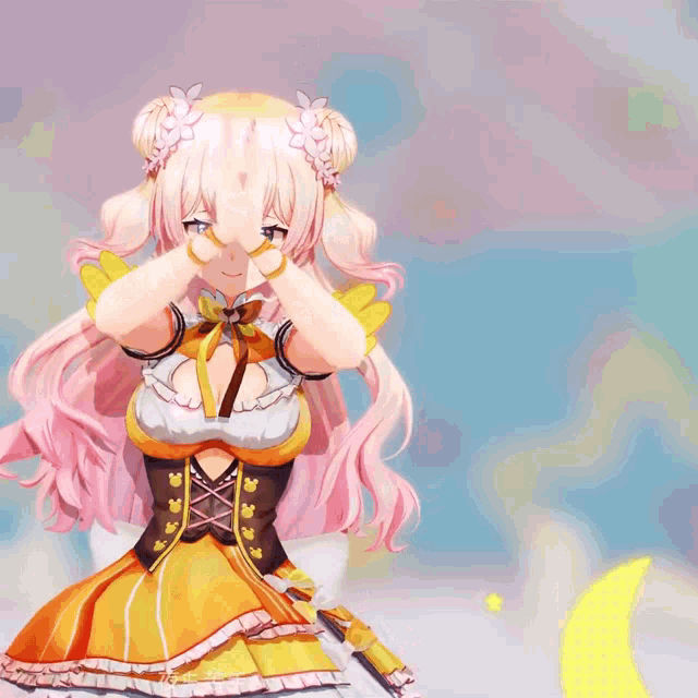a girl with pink hair is wearing a yellow and brown outfit