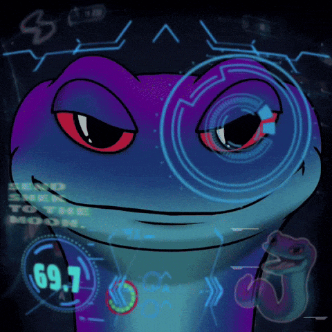 a purple and blue cartoon character with a screen that says 69.7