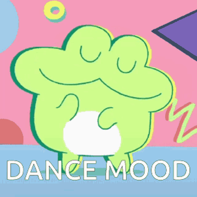 a cartoon frog is dancing with the words dance mood written below it