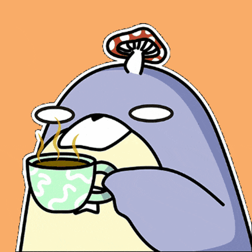 a penguin with a mushroom on its head is drinking a cup of coffee