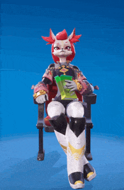 a character with red hair is sitting in a chair holding a bag of chips