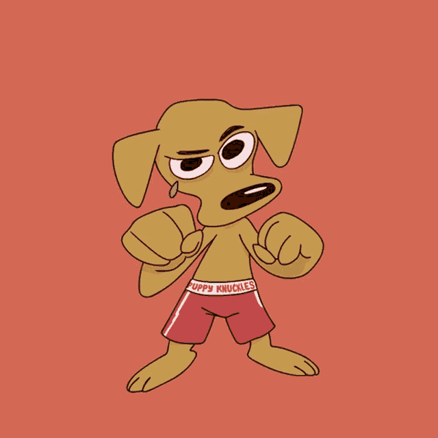 a cartoon dog wearing puppy knuckles shorts