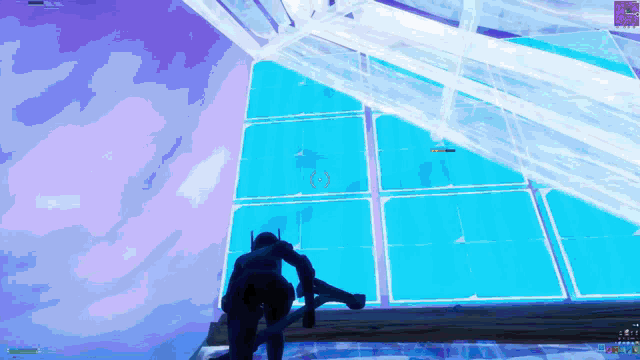 a video game screen shows a person holding a gun and a purple background