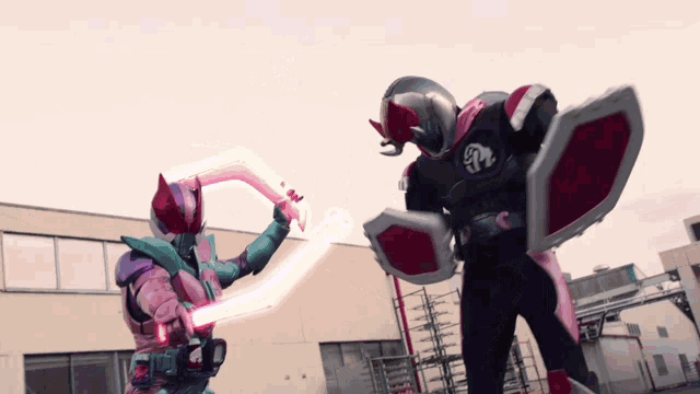 two superheros are fighting each other with shields and swords