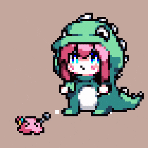 a pixel art drawing of a girl in a frog costume