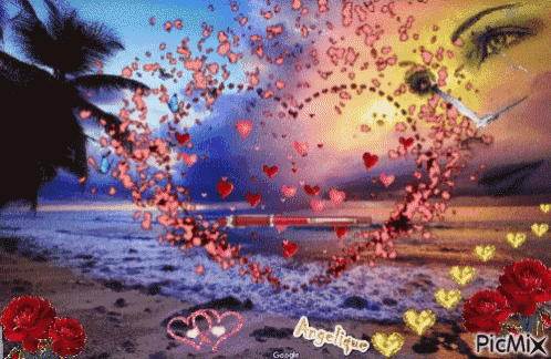 a picture of a beach with hearts and the name angelina