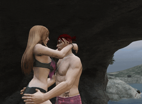 a man and a woman are hugging in a video game scene