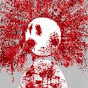 a skull with red hair is surrounded by blood .