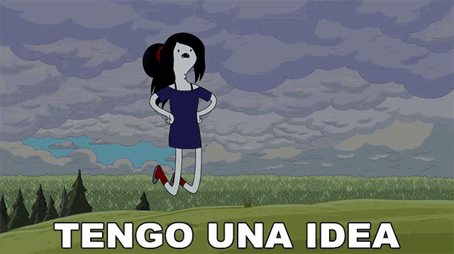 a cartoon of a girl flying in the air with the words tengo una idea above her
