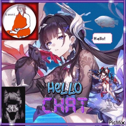 a picture of a girl with the words hello chat written on it