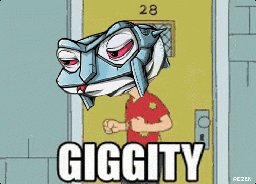 a cartoon of a man standing in front of a door with the word giggity written on it
