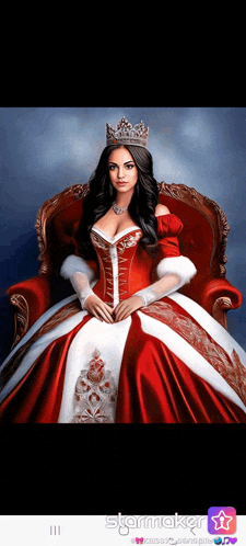 a woman in a red and white dress with a crown on her head is sitting in a chair