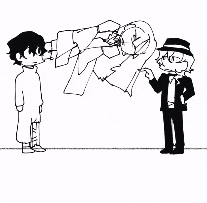 a black and white drawing of three people standing next to each other with a ghost flying in the air .