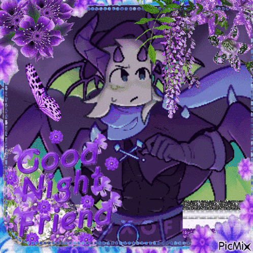 a picture of a dragon with purple flowers and the words good night friend on the bottom