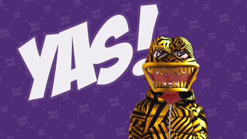 a person wearing a yellow and black striped jacket with a tiger mask on their head