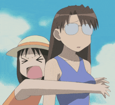 a cartoon girl with glasses and a hat is standing next to another girl with her mouth open