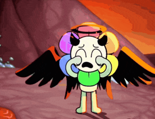 a cartoon character with wings and horns covering his face
