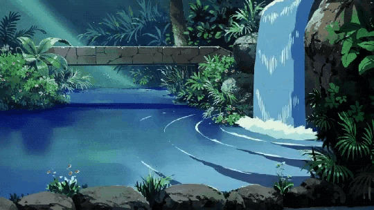 a waterfall is surrounded by trees and rocks in a lush green forest