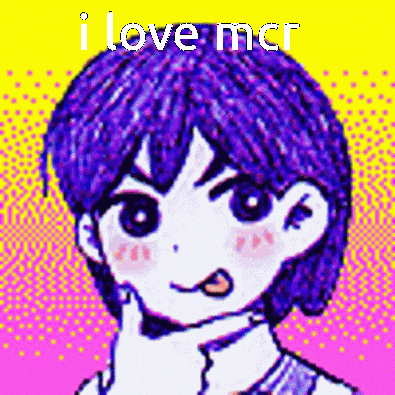 a pixel art of a girl with purple hair and the words i love mcr below her