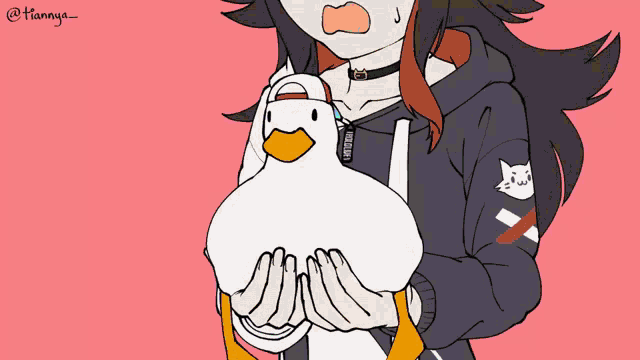 a drawing of a girl holding a stuffed duck with the name tiannya on the bottom right